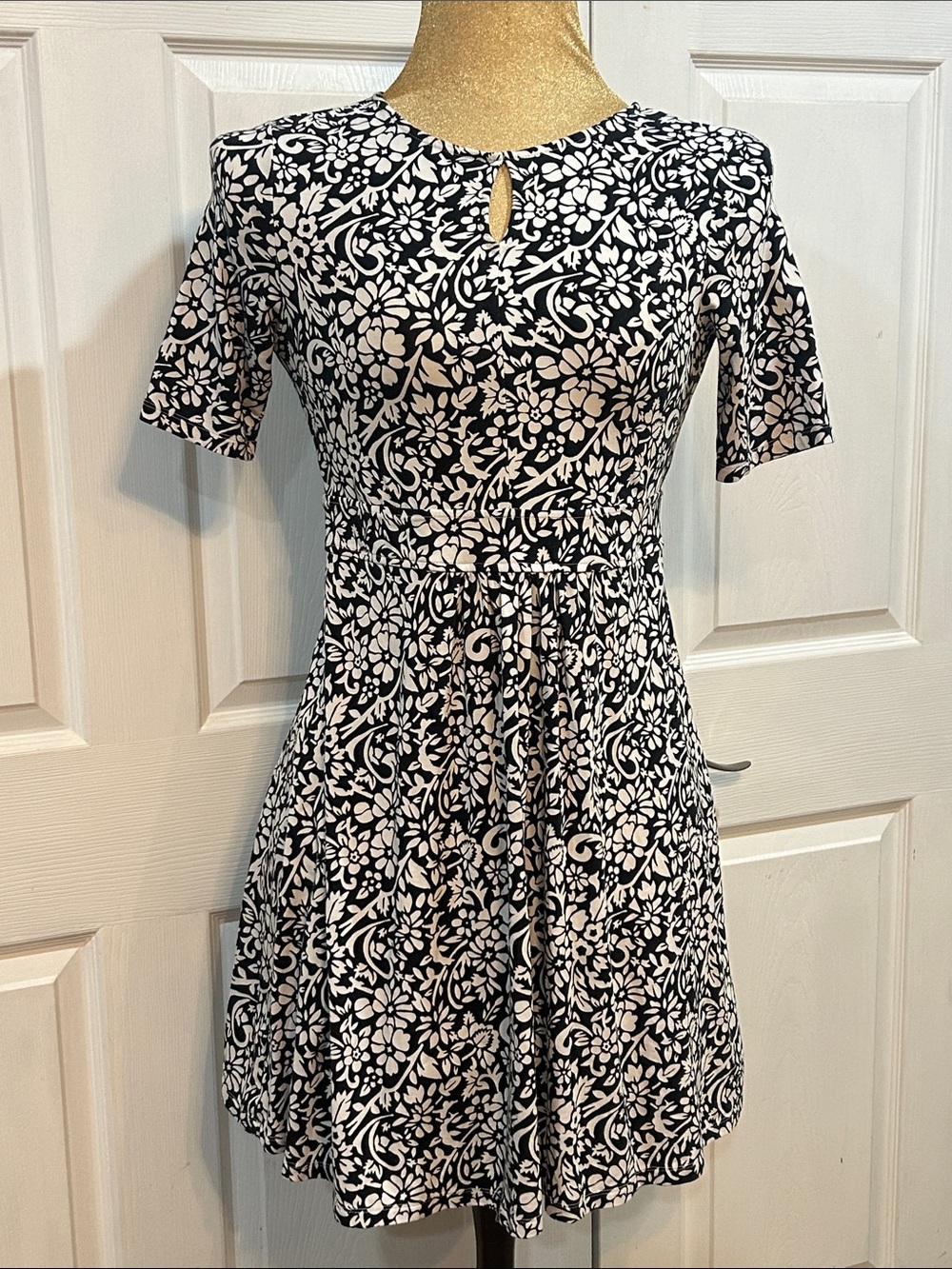 Lands' End Black and White Floral Fit-and-Flare Mini Dress